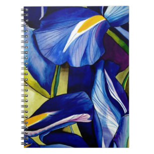 Blå iris original konst vattenfärg blommor anteckningsbok med spiral