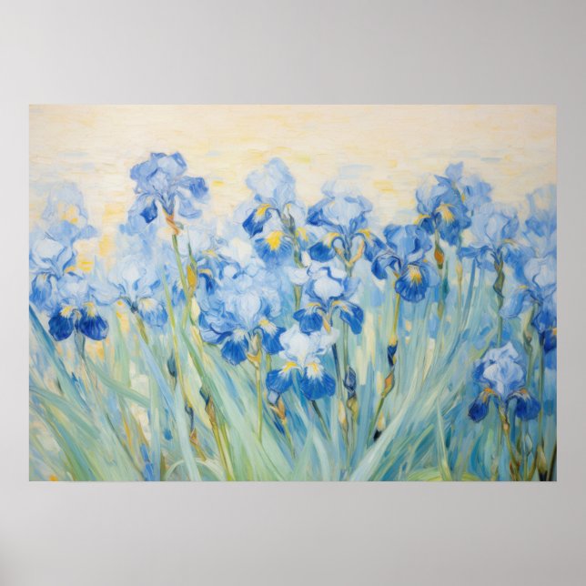 Blå Iris Trädgård Impressionistisk Blomsterkonst Poster (Framsidan)