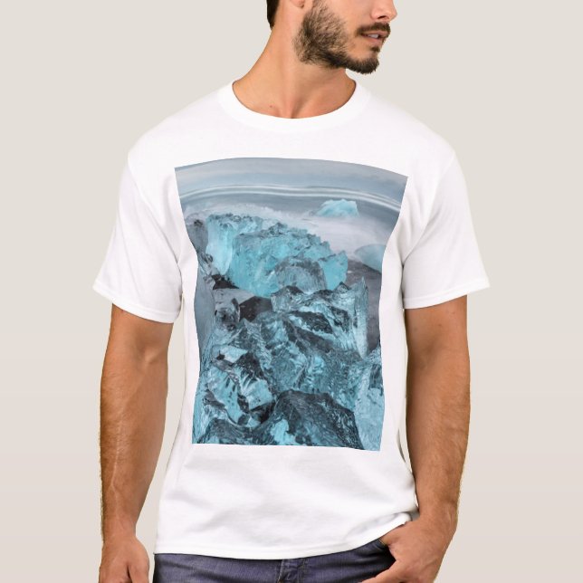 Blå is på strand landskap, Island T Shirt (Framsida)