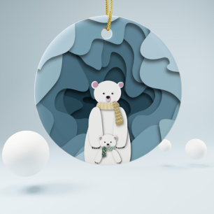 Blå isbjörnsmamma och bebis jul julgransprydnad keramik