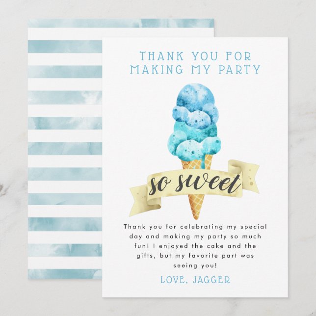 Blå isglass pojkfödelsedagsfest tack kort (Fram/baksida)