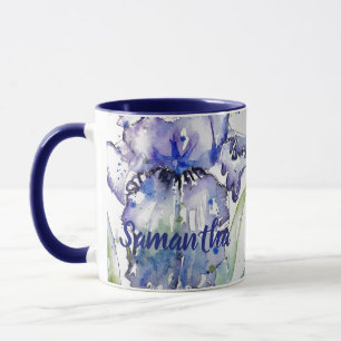 Blå iskonst, blommigt, vattenfärgsblommor, blomm mugg