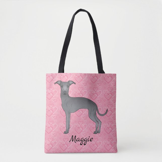 Blå italiensk greyhound Cute Hund på Rosa Hjärtar Tygkasse (Framsida)