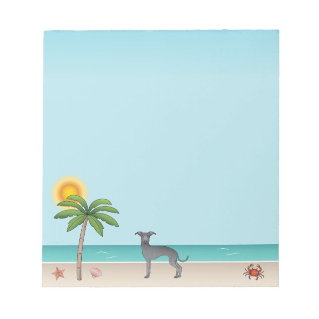 Blå italiensk greyhound vid Tropical Summer Beach Anteckningsblock (Framsida)