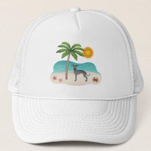 Blå italiensk greyhound vid Tropical Summer Beach Keps