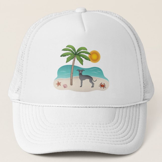 Blå italiensk greyhound vid Tropical Summer Beach Keps (Framsida)