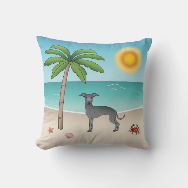 Blå italiensk greyhound vid Tropical Summer Beach Kudde (Framsida)
