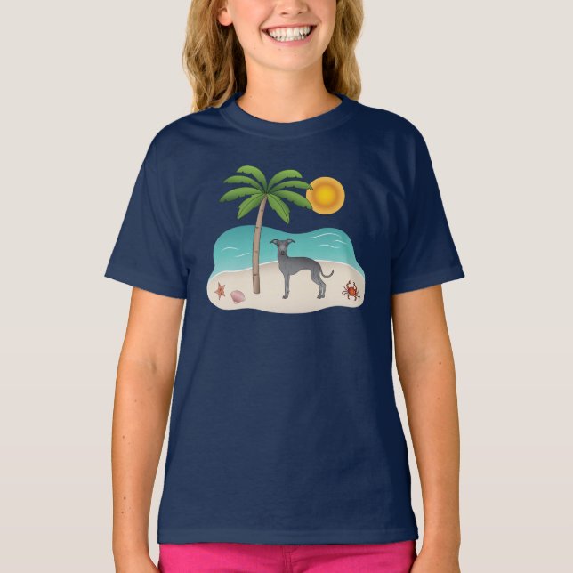Blå italiensk greyhound vid Tropical Summer Beach T Shirt (Framsida)
