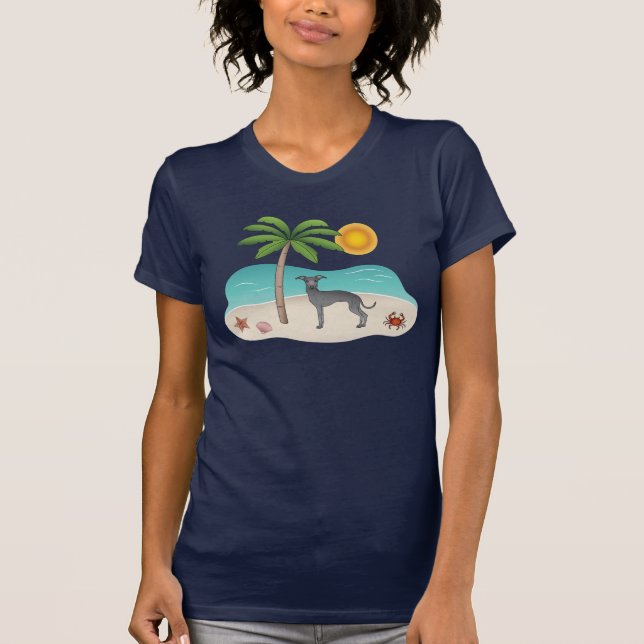 Blå italiensk greyhound vid Tropical Summer Beach T Shirt (Framsida)
