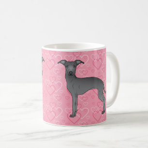 Blå italiensk mops söt hund på rosa hjärtan kaffemugg
