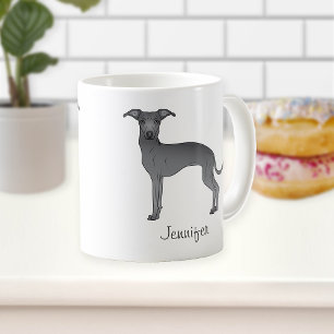 Blå italiensk mops söt seriehund med namn kaffemugg