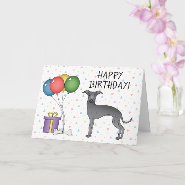 Blå italiensk mops tecknad hund Glad födelsedag Kort (Orkide)