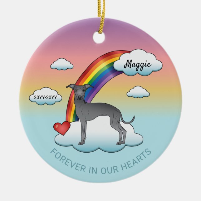Blå italienska Greyhound Cute Hund Rainbow Memoria Julgransprydnad Keramik (Framsidan)