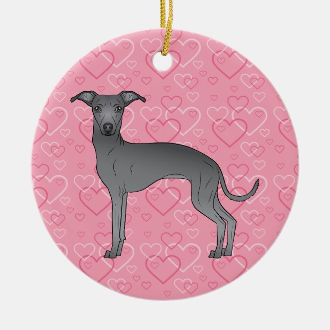 Blå italienska Greyhound Rosa Hearts Pet Memorial Julgransprydnad Keramik (Framsidan)