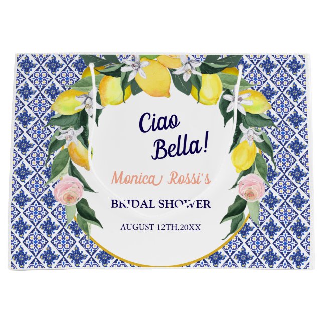 Blå Italienska Kakel Lemoner Ciao Bella Bröllopsdu (Framsidan)