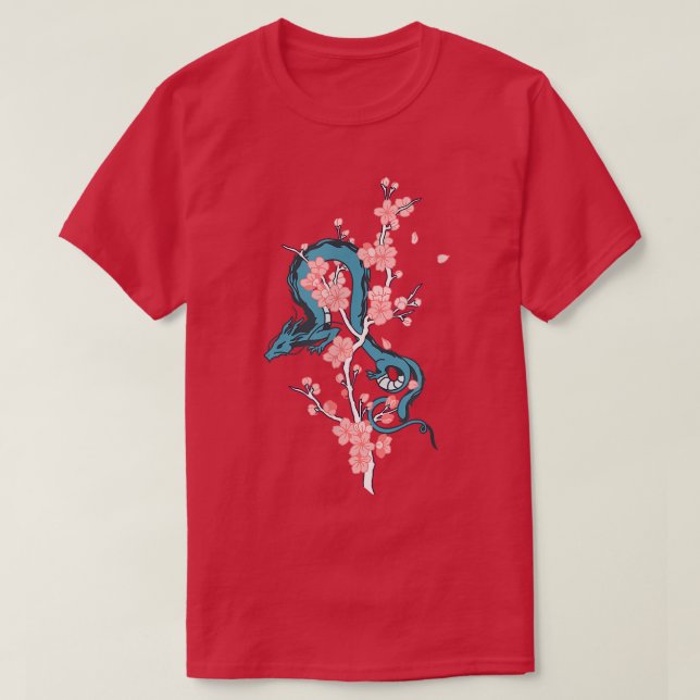 Blå japansk dragon med Sakura Blommar Träd T Shirt (Design framsida)