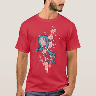 Blå japansk dragon med Sakura Blommar Träd T Shirt