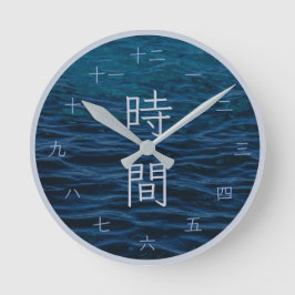 Blå japansk kanji zen öppen havsväggsklocka rund klocka
