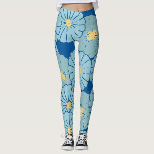 Blå japanska Blommönstret Illustration Leggings