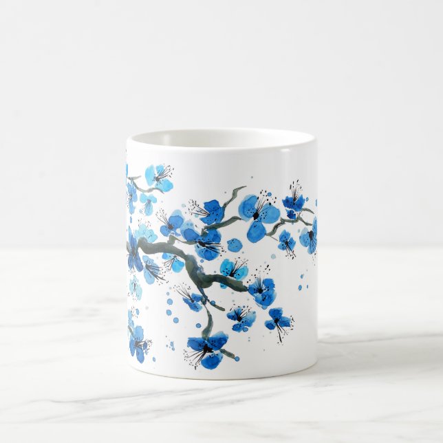 Blå japanska blommor Vattenfärgskaffekopp Kaffemugg (Center)