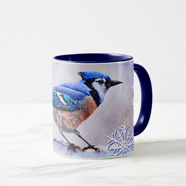 Blå Jay Fågel Snö Vinter Mugg Kopp (Framsida höger)