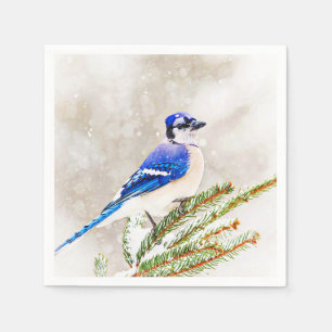 Blå jay i gräs träd med snö pappersservett