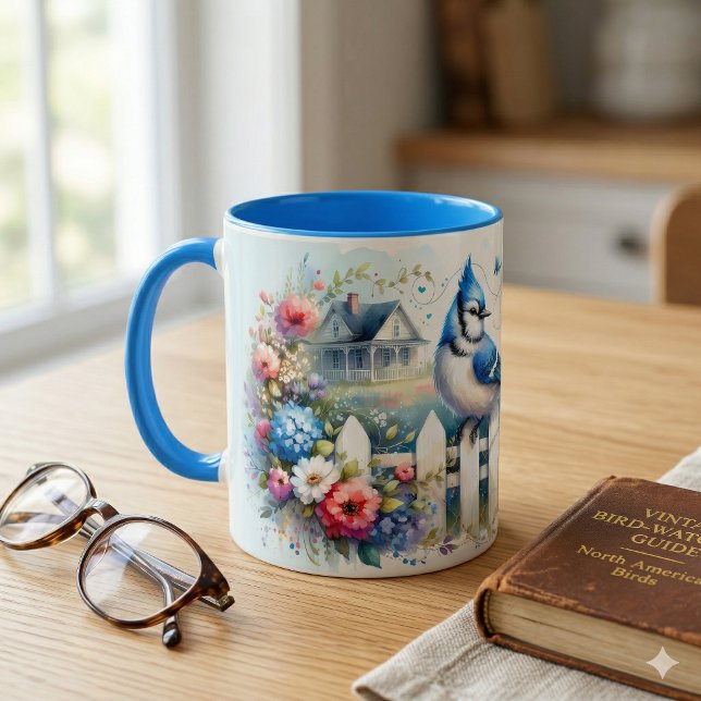 Blå Jay Stugträdgårdsstaketscen Mugg (Blue Jay Cottage Garden Fence Scene Mug On Kitchen Counter)
