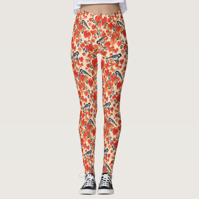Blå jays och höstgraffullma vinrankor leggings (Framsida)