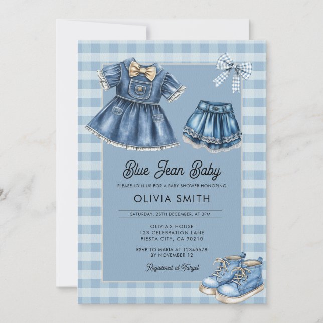 Blå Jean Baby Denim Baby Shower Inbjudan (Framsida)