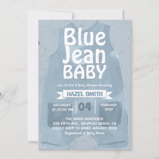 Blå Jean Baby Denim Babyfirande Inbjudningar (Framsida)
