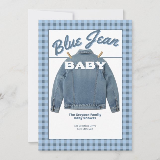 Blå Jean Baby - Denim Duschen Anpassad Inbjudan (Framsida)