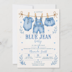Blå Jean Baby Denim Klädstreck Baby Shower Inbjudningar