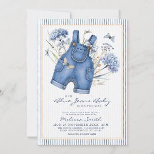 Blå Jean Baby Denim Overall Babyfirande Inbjudningar