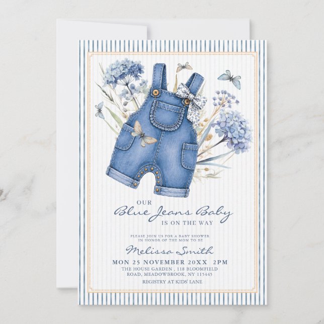 Blå Jean Baby Denim Overall Babyfirande Inbjudningar (Framsida)