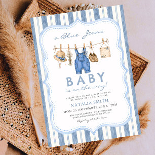 Blå Jean Baby Klädstreck Denim Babyfirande Inbjudningar