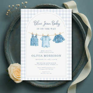 Blå Jean Baby Klädstreck Gingham Baby Shower Inbjudningar