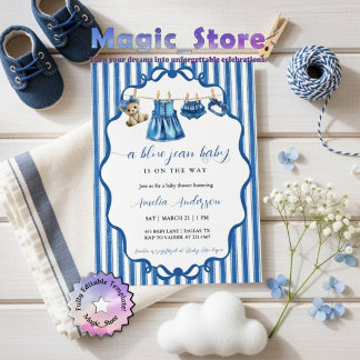 Blå Jean Baby Klädstreck Vattenfärg Baby Shower Inbjudningar