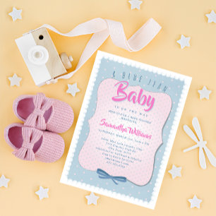 Blå Jean Baby Rosa Söt Denim Flickig Barnkalas-inb Inbjudningar