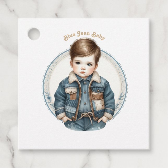 Blå Jean Baby Rustik Denim Bebis Shower Gåvor Etiketter (Framsida)