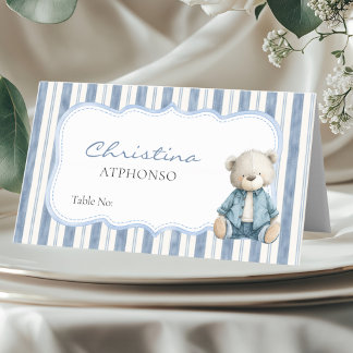 Blå Jean Baby Shower | Denim Teddybjörn Tältkort Placeringskort