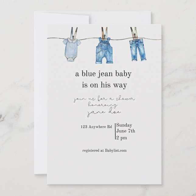 Blå Jean Baby Shower Inbjudan (Framsida)