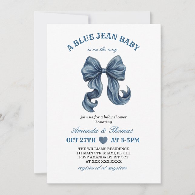Blå Jean Baby Shower Inbjudan (Framsida)