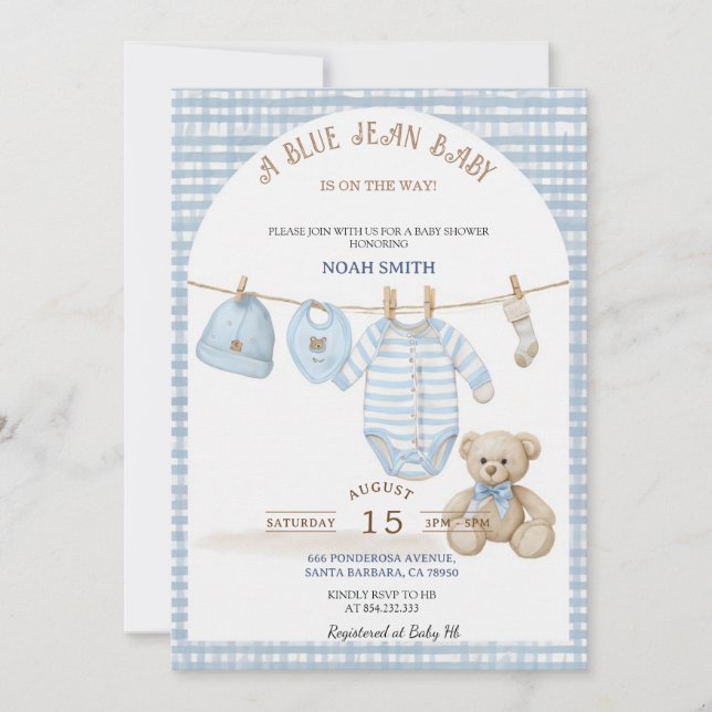 Blå Jean Baby Shower Inbjudan | Blå Rutig Te (Framsida)