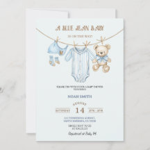 Blå Jean Baby Shower Inbjudan | Teddybjörn & Tvätt