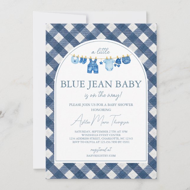 Blå Jean Baby Shower Inbjudningar (Framsida)