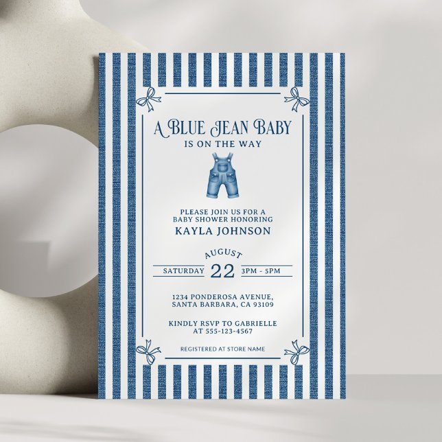 Blå Jean Baby Shower Mörk Kuststrimma Slingor Inbjudningar (Skapare uppladdad)