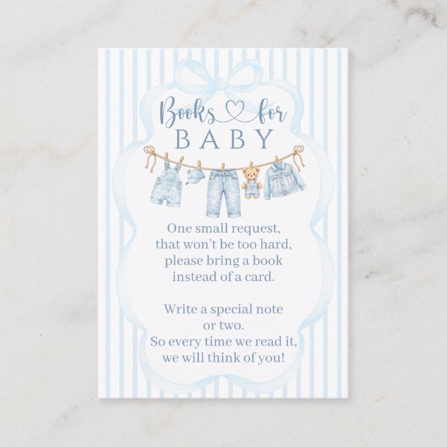 Blå Jean Baby Shower Pojke Böcker Förfrågan Tilläggskort (Framsida)