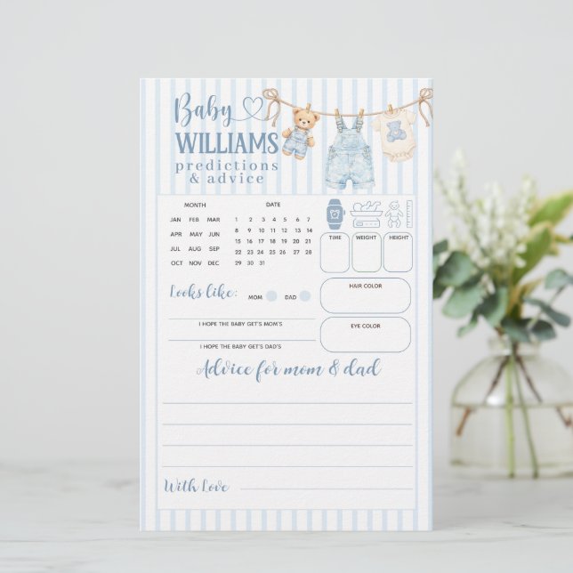 Blå Jean Baby Shower Pojke Förutsägelse Spel (Stående Fram)