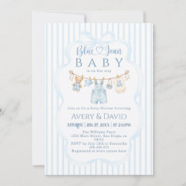 Blå Jean Baby Shower Pojke Modern Randig Inbjudningar