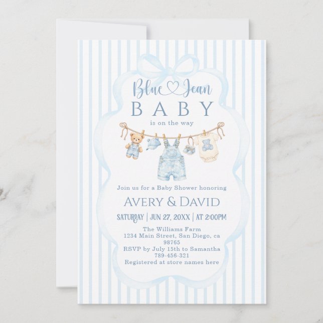 Blå Jean Baby Shower Pojke Modern Randig Inbjudningar (Framsida)